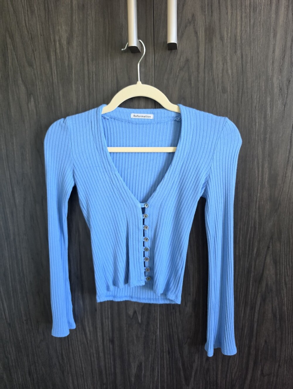 Reformation Sky Blue Ribbed Button-Front Long Sleeve Top